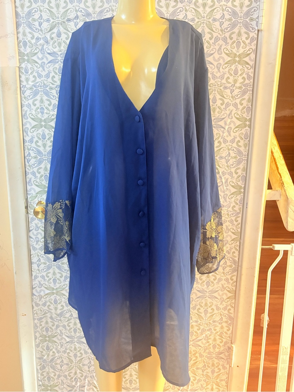 Lane Bryant Navy Sheer Button-Front Cover-Up with Gold Trim (( NOS)